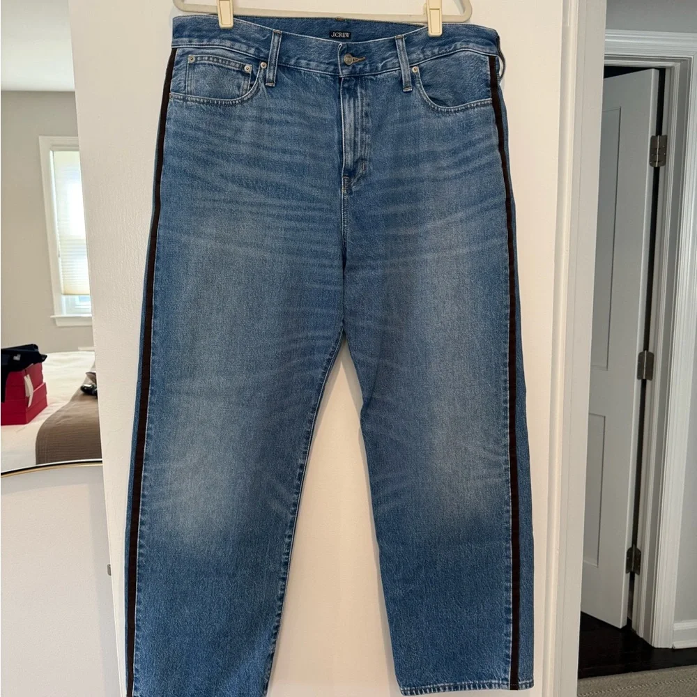 Women’s J.Crew Straight Leg Jeans with Brown Suede Side Stripe - Picture 1 of 6